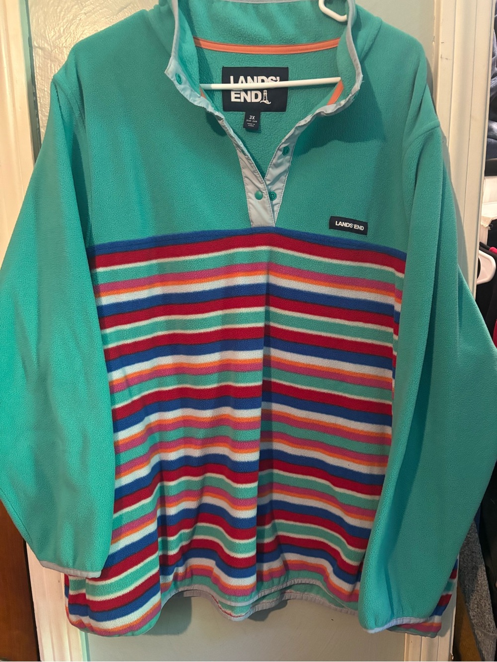 Lands' End Teal Pullover with Multicolor Stripes